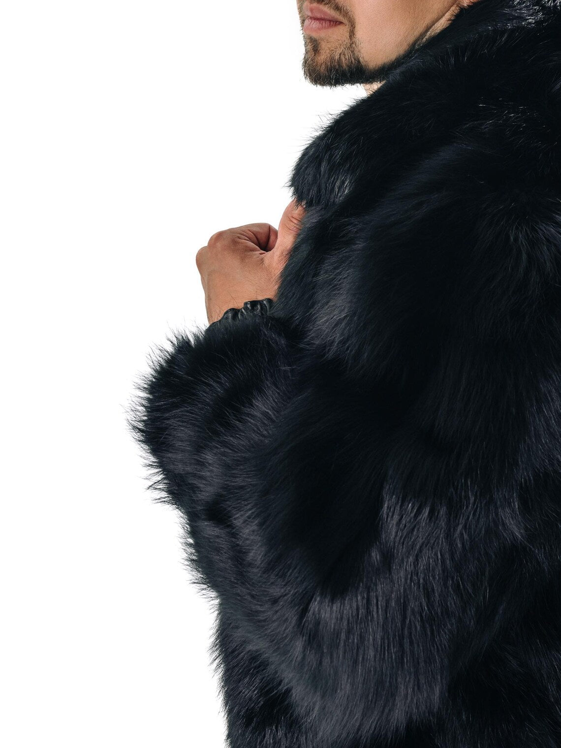 Black Mens Fur Jacket I Real Fox Fur Winter Bomber Coat for Men