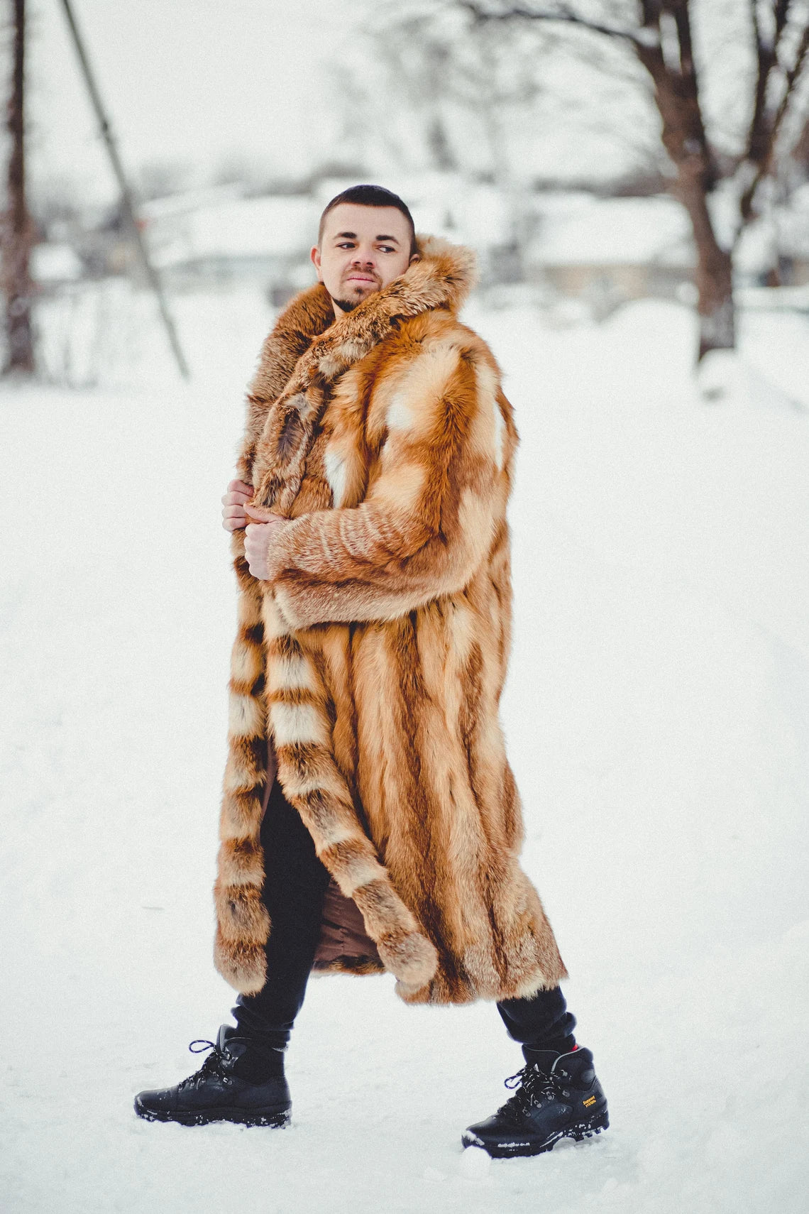 Long Mens Red Fox Fur Coat I Real Fur Outwear I Oversized Fur Coats Male I Luxury gift for men