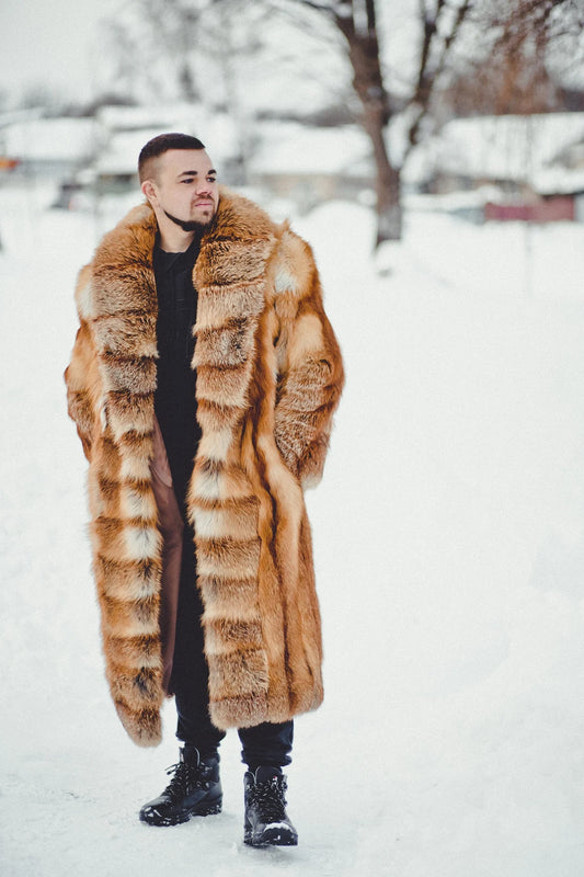 Long Mens Red Fox Fur Coat I Real Fur Outwear I Oversized Fur Coats Male I Luxury gift for men