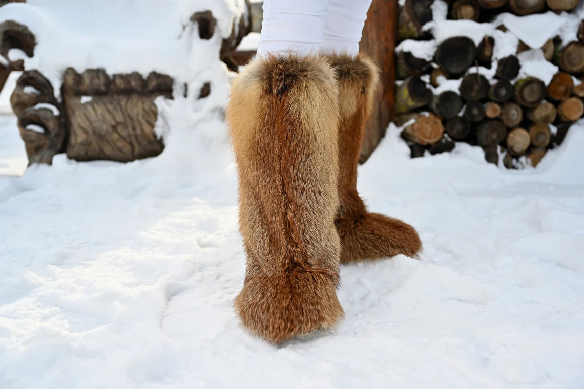 High fox fur long boots, womens genuine red fox fur boots, Furry snow boots