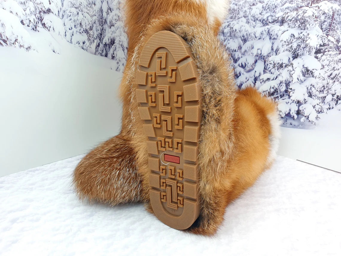 High fox fur long boots, womens genuine red fox fur boots, Furry snow boots