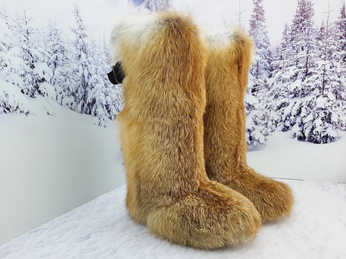 High fox fur long boots, womens genuine red fox fur boots, Furry snow boots