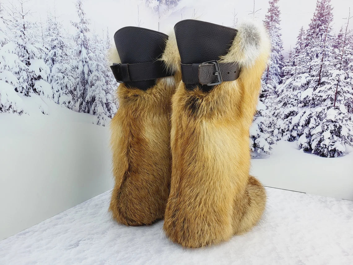 High fox fur long boots, womens genuine red fox fur boots, Furry snow boots