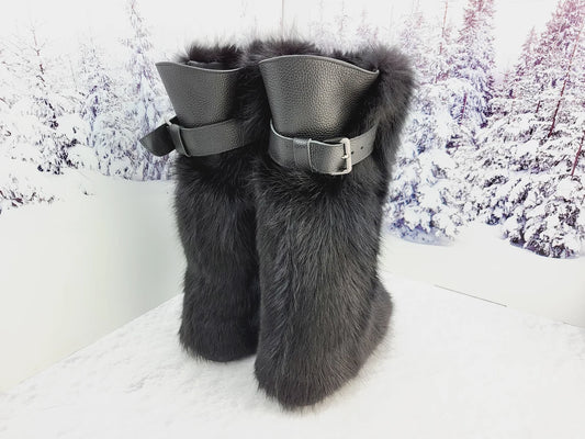 High fox fur long boots, womens genuine red fox fur boots, Furry snow boots