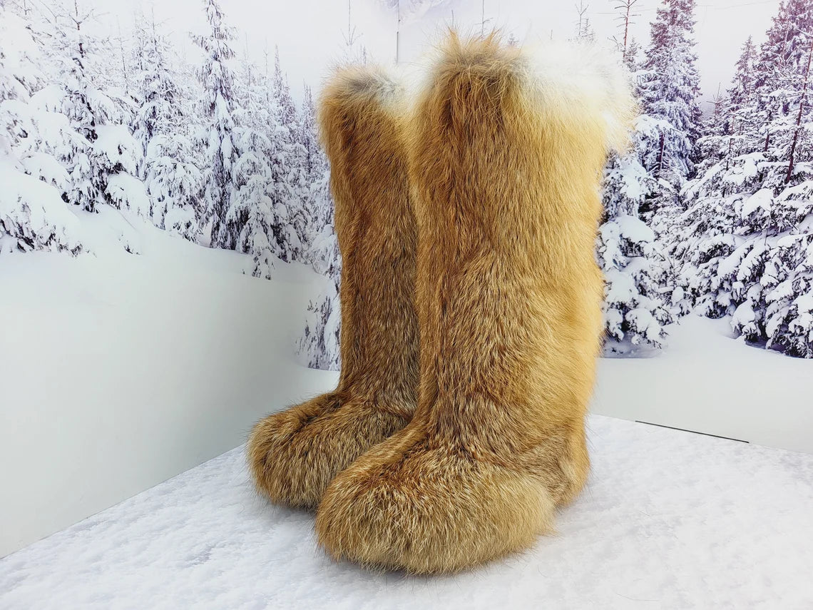 High fox fur long boots, womens genuine red fox fur boots, Furry snow boots