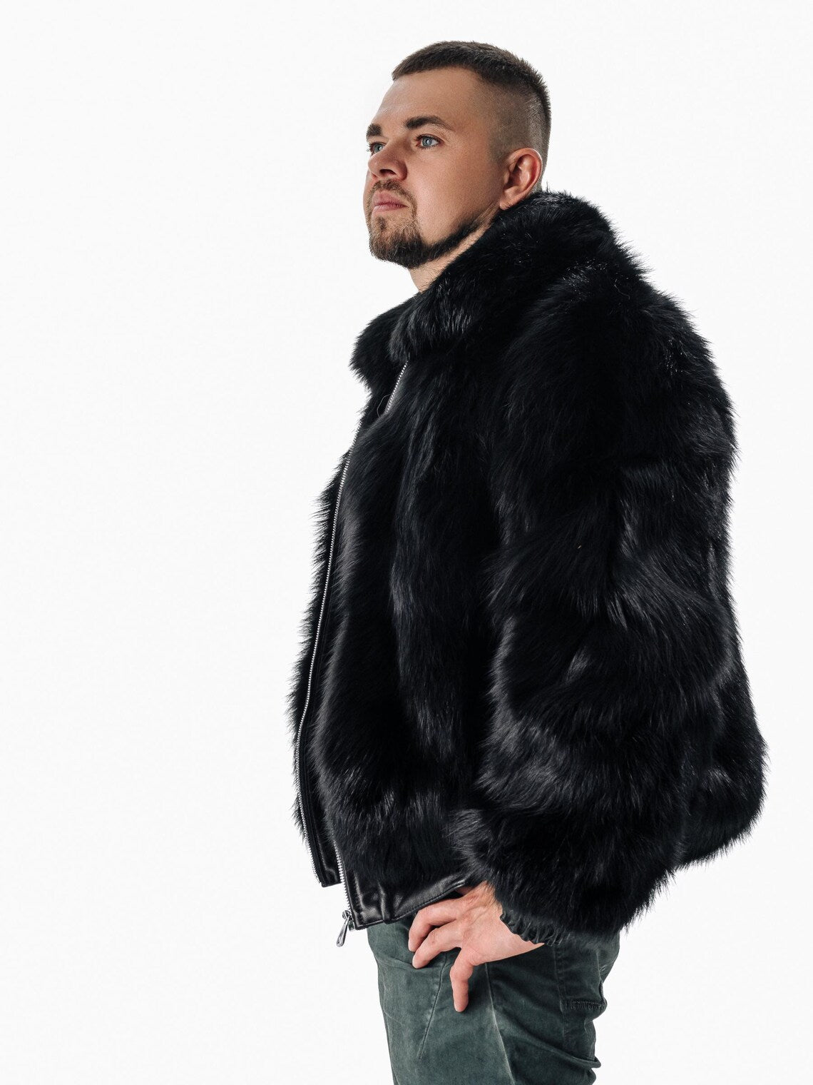 Black Mens Fur Jacket I Real Fox Fur Winter Bomber Coat for Men