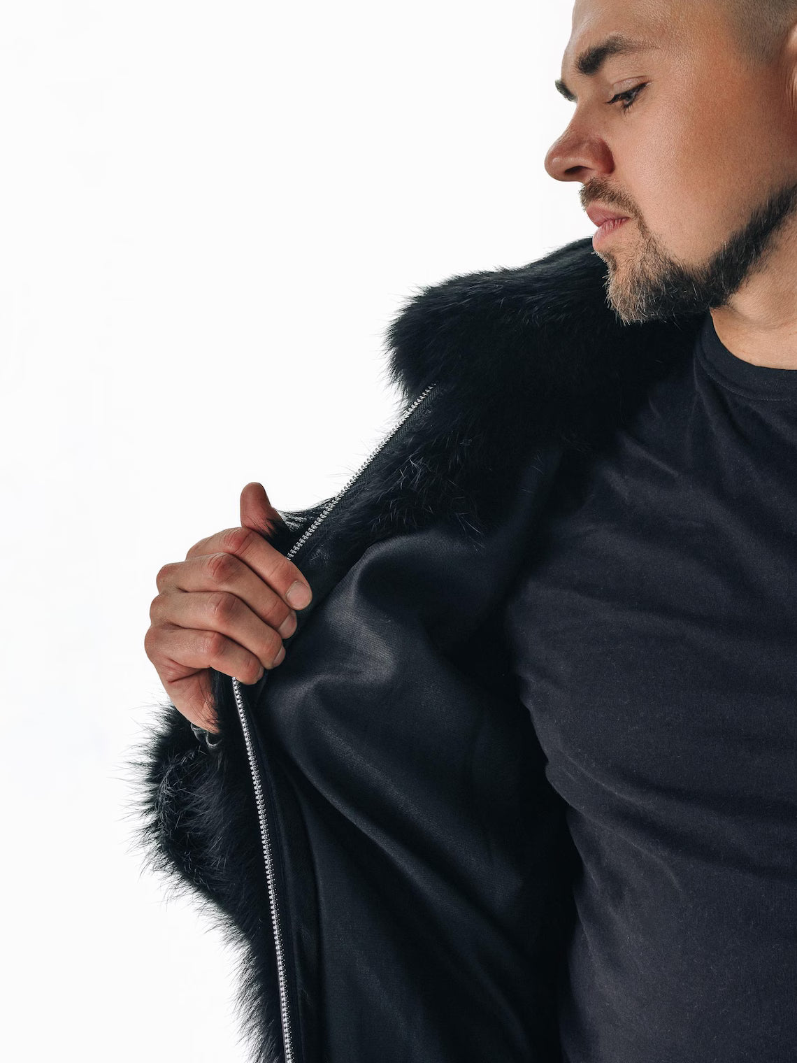 Black Mens Fur Jacket I Real Fox Fur Winter Bomber Coat for Men