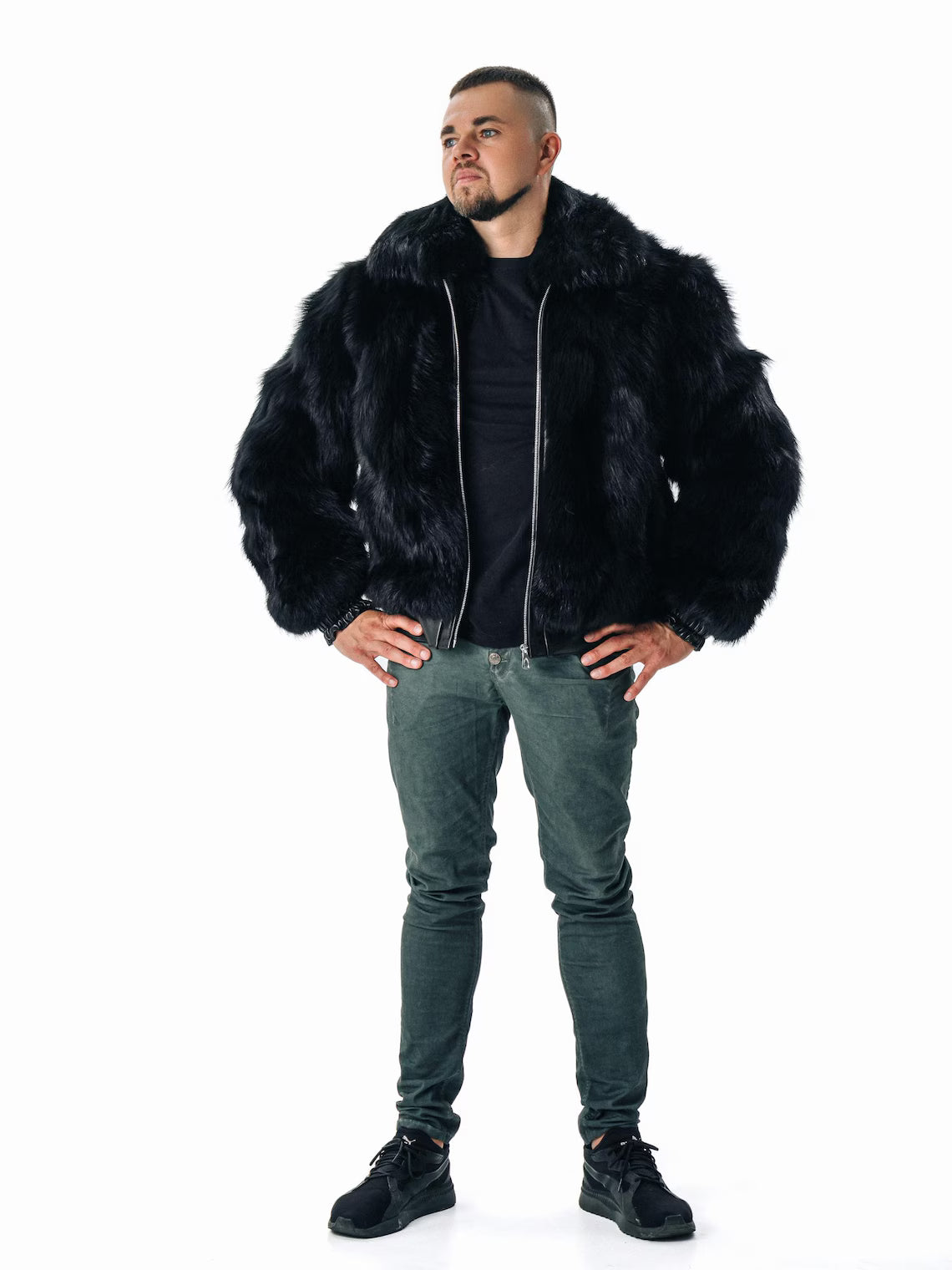 Black Mens Fur Jacket I Real Fox Fur Winter Bomber Coat for Men