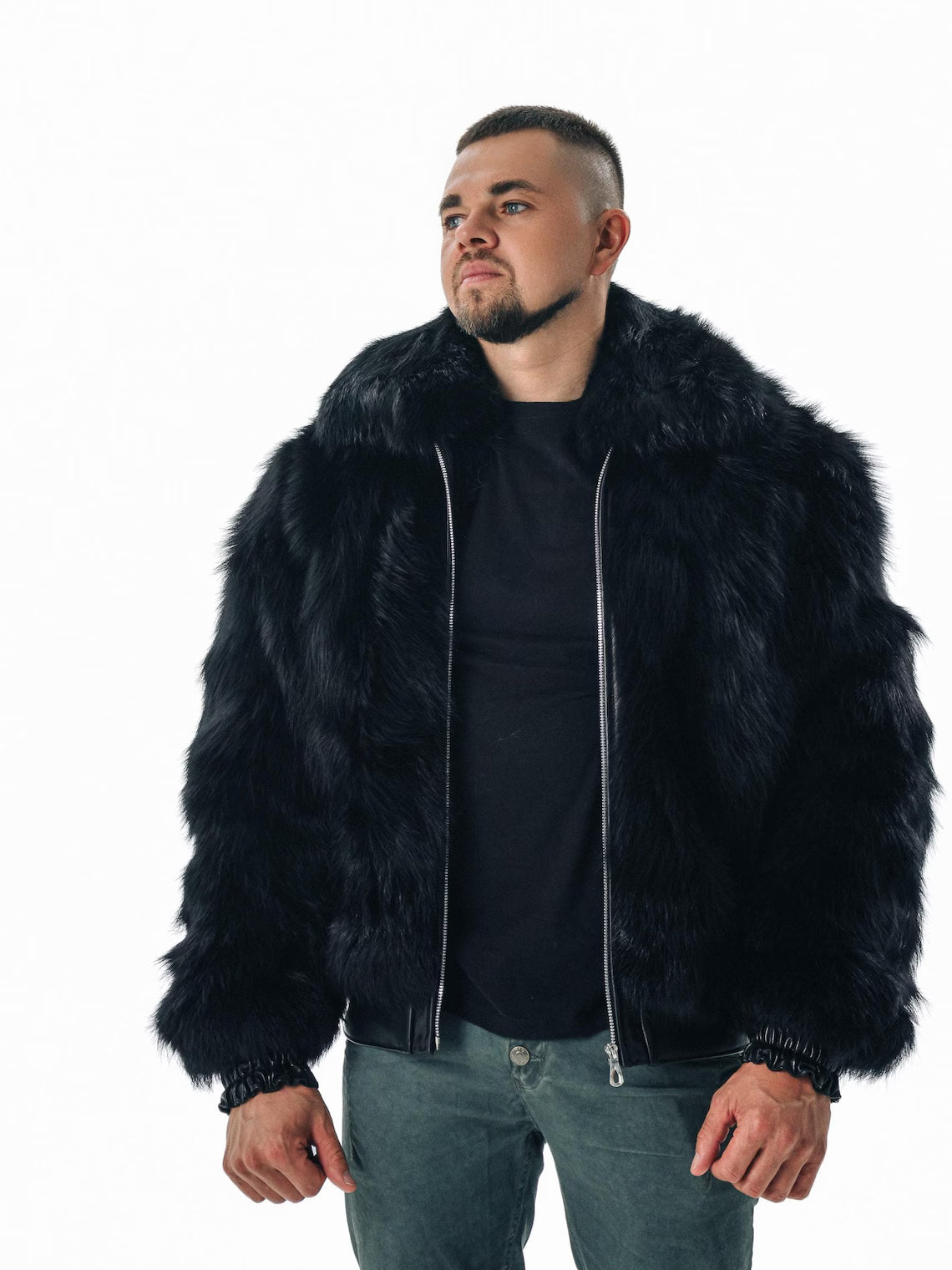 Black Mens Fur Jacket I Real Fox Fur Winter Bomber Coat for Men