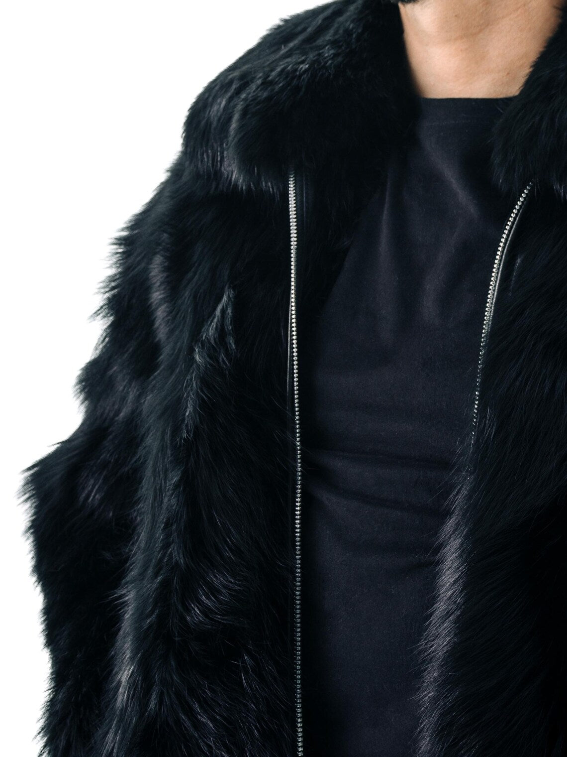 Black Mens Fur Jacket I Real Fox Fur Winter Bomber Coat for Men