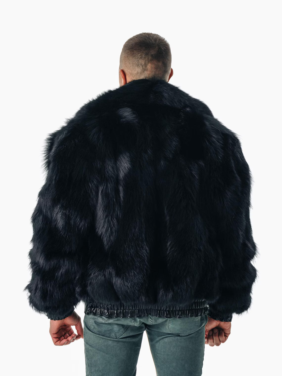 Black Mens Fur Jacket I Real Fox Fur Winter Bomber Coat for Men