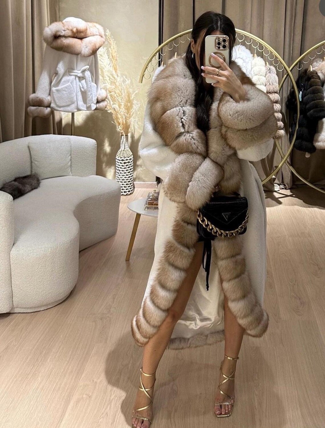 Luxury Alcantra coat with Natural fox fur details / warm jacket / winter jacket / luxury gift /