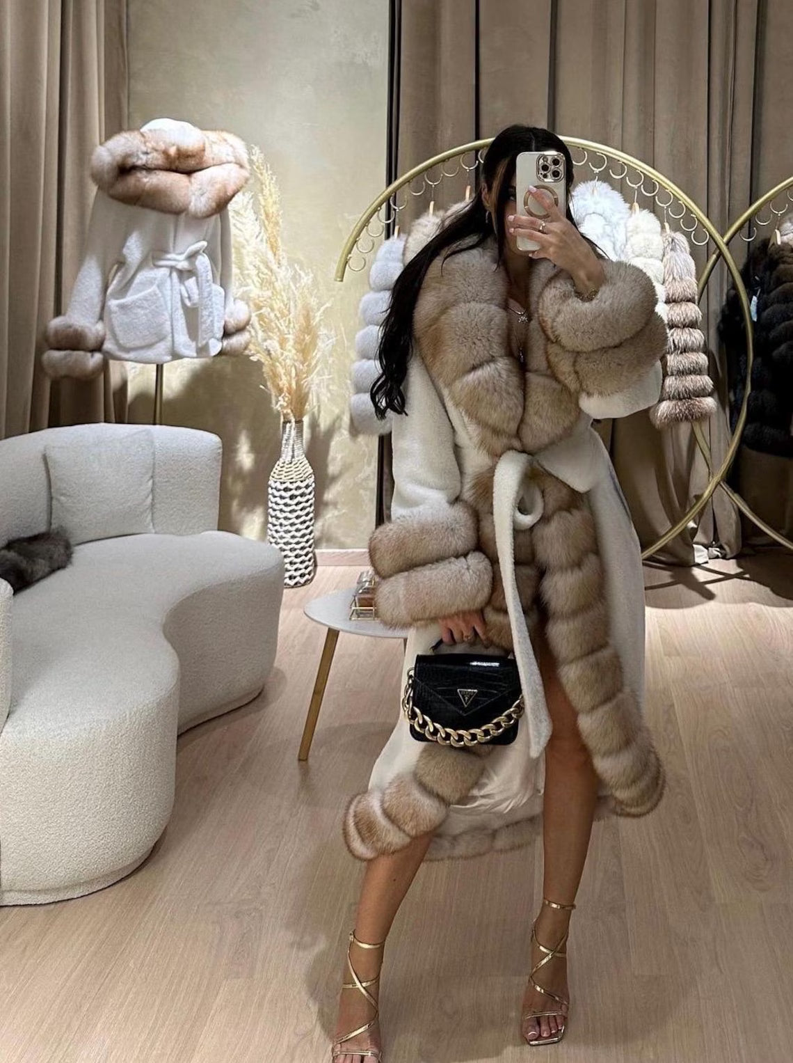 Luxury Alcantra coat with Natural fox fur details / warm jacket / winter jacket / luxury gift /