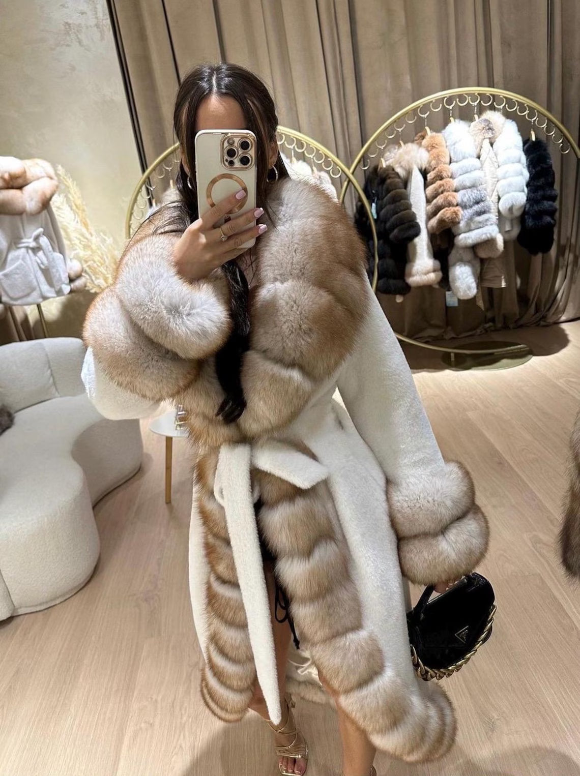 Luxury Alcantra coat with Natural fox fur details / warm jacket / winter jacket / luxury gift /