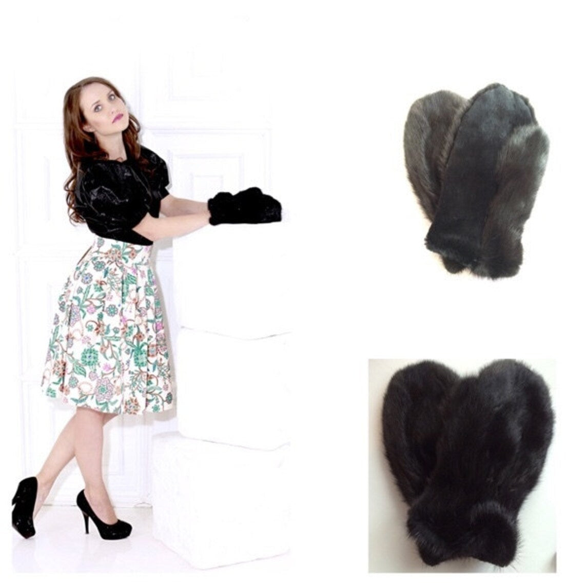 Handmade Black Mink Fur Mittens – Unisex Winter Gloves