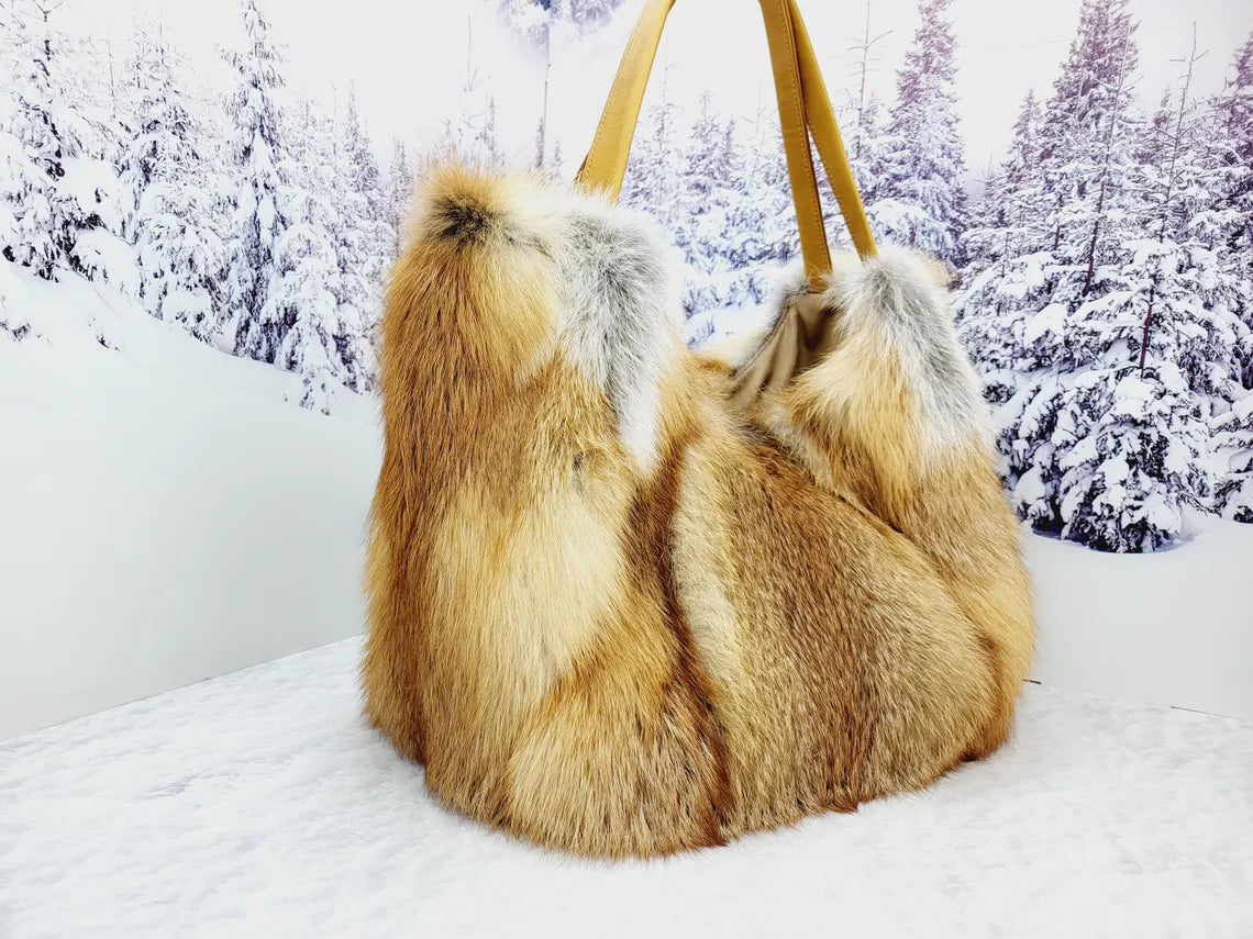 Real red fox fur shopping bag Women genuine fur purse