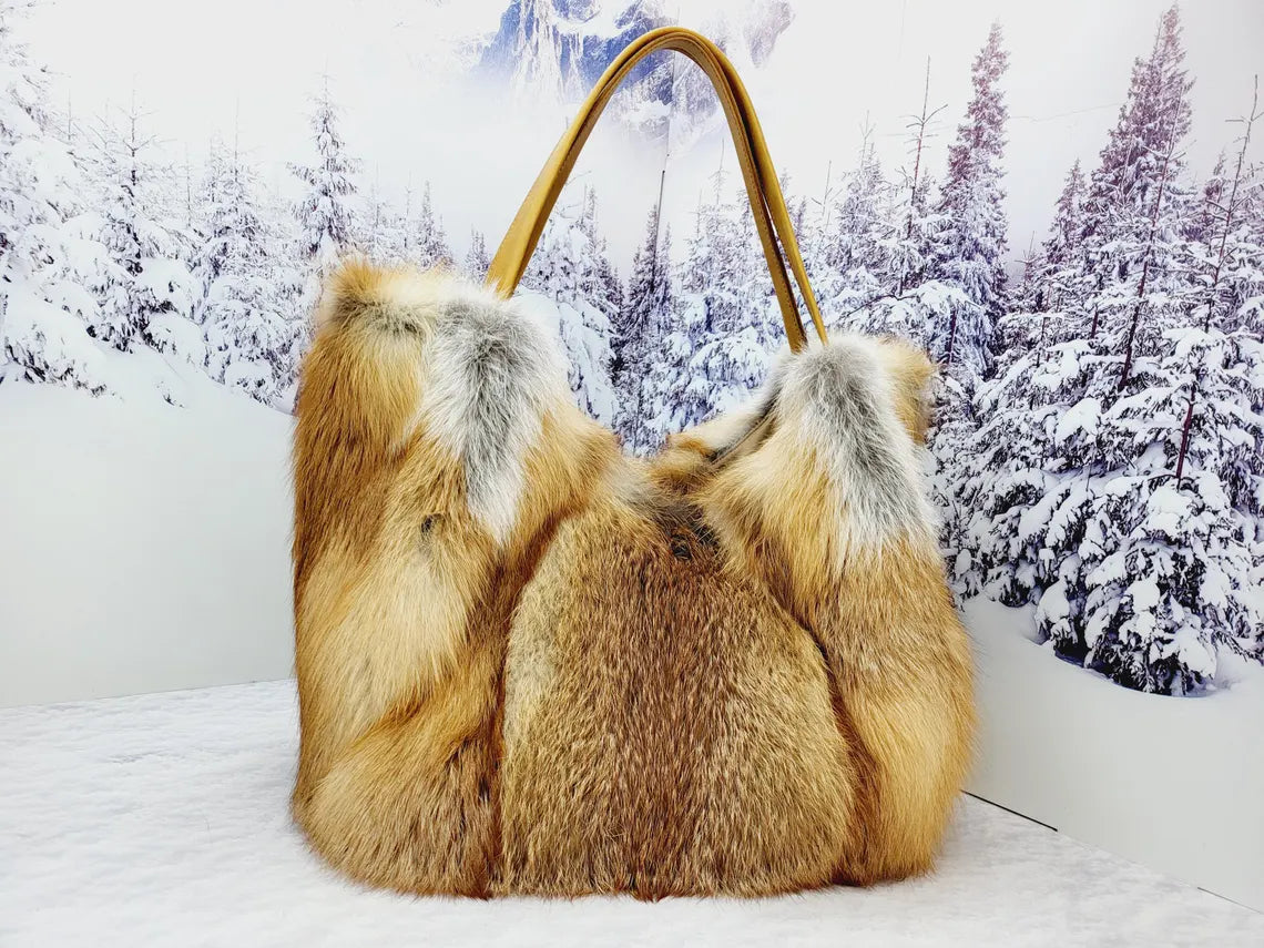 Real red fox fur shopping bag Women genuine fur purse