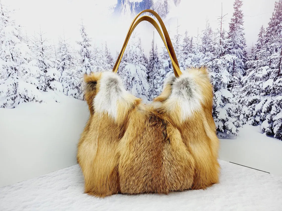 Real red fox fur shopping bag Women genuine fur purse