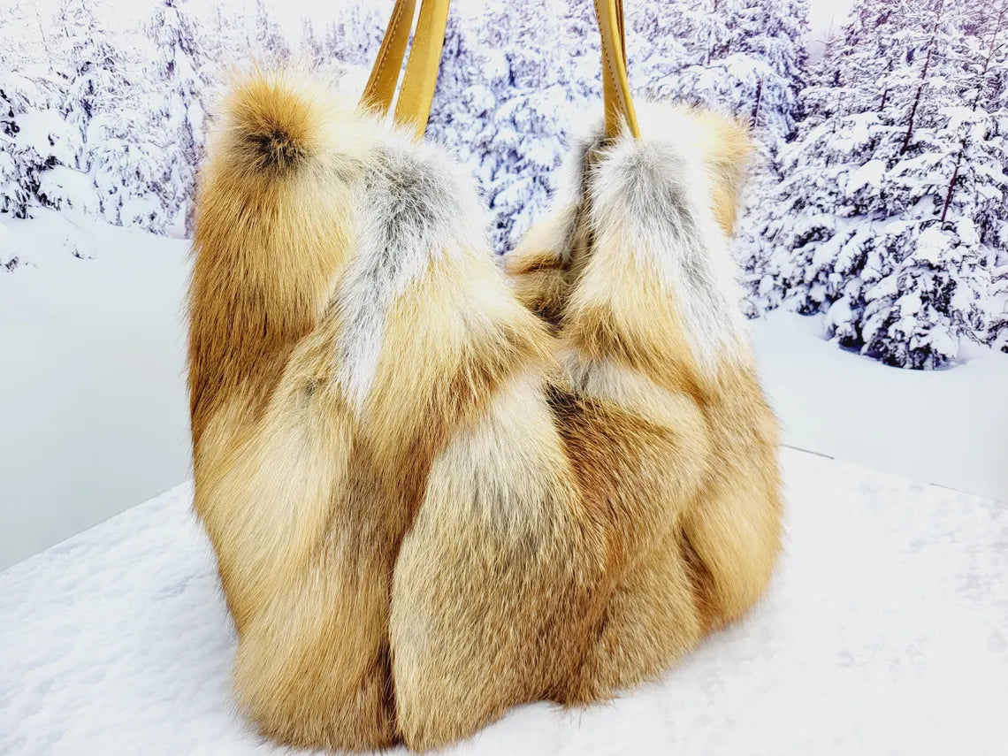 Real red fox fur shopping bag Women genuine fur purse