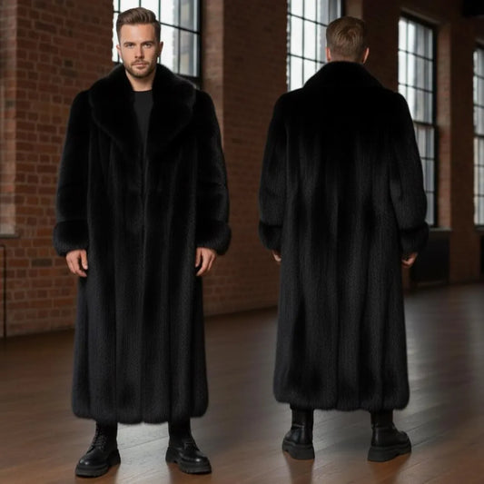 Men’s Luxury Black Natural Pelt Long Coat • Deep-Pile Winter Fur Overcoat • Full-Length Heavy Plush Men’s Jacket • High-End Designer Cloak