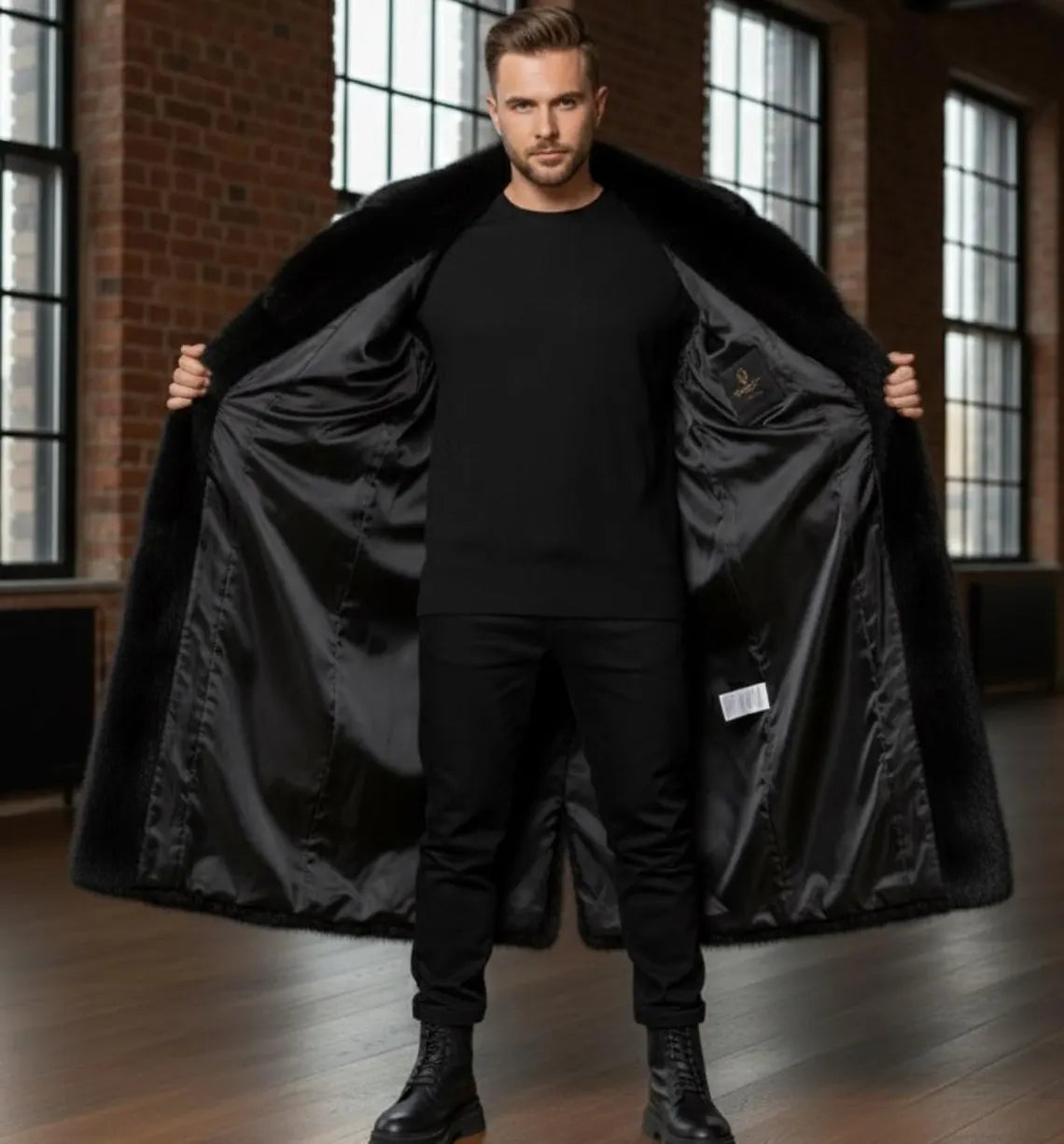 Men’s Luxury Black Natural Pelt Long Coat • Deep-Pile Winter Fur Overcoat • Full-Length Heavy Plush Men’s Jacket • High-End Designer Cloak