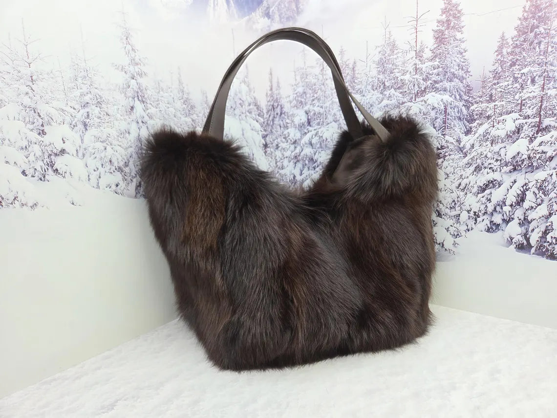 Real red fox fur shopping bag Women genuine fur purse