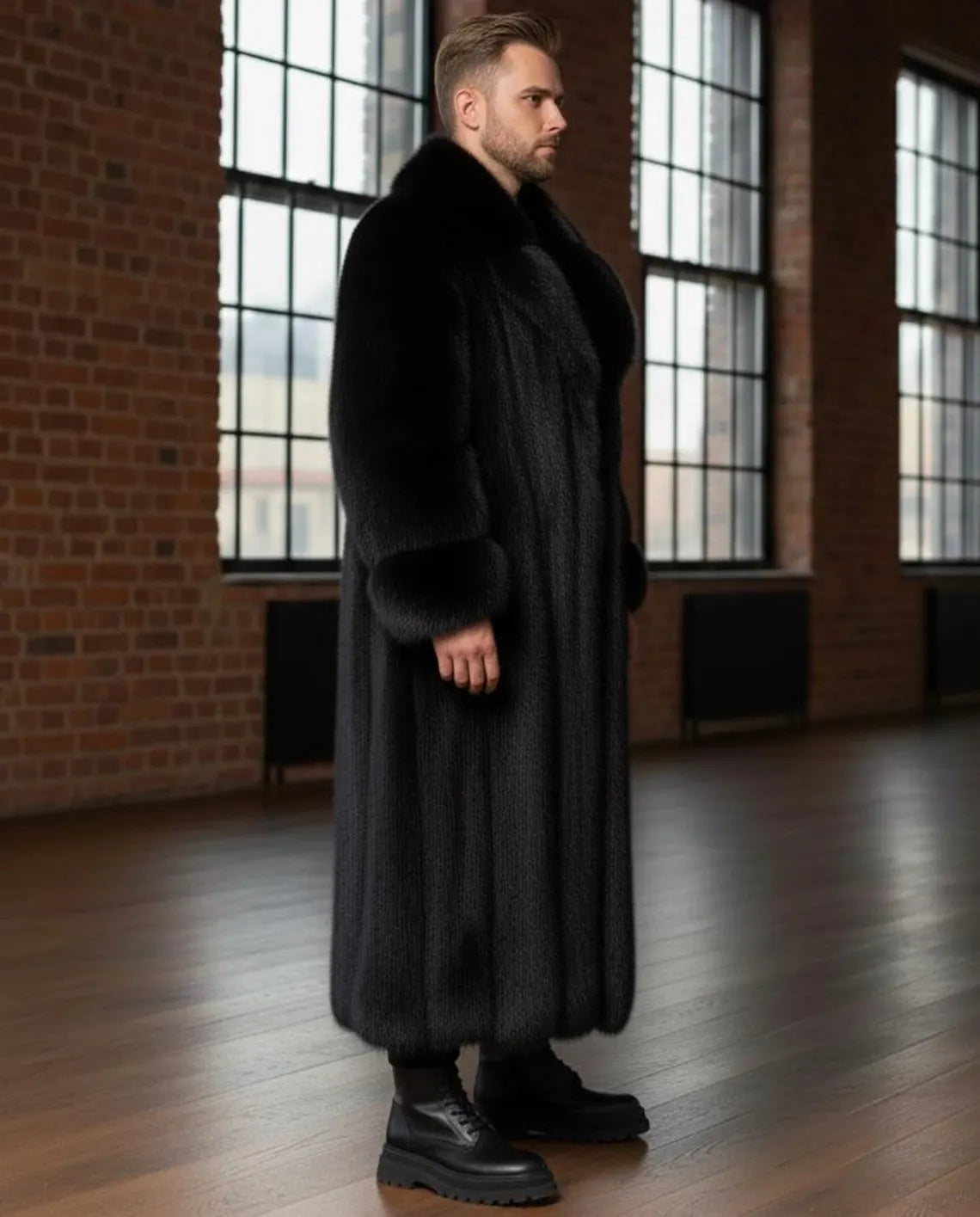 Men’s Luxury Black Natural Pelt Long Coat • Deep-Pile Winter Fur Overcoat • Full-Length Heavy Plush Men’s Jacket • High-End Designer Cloak
