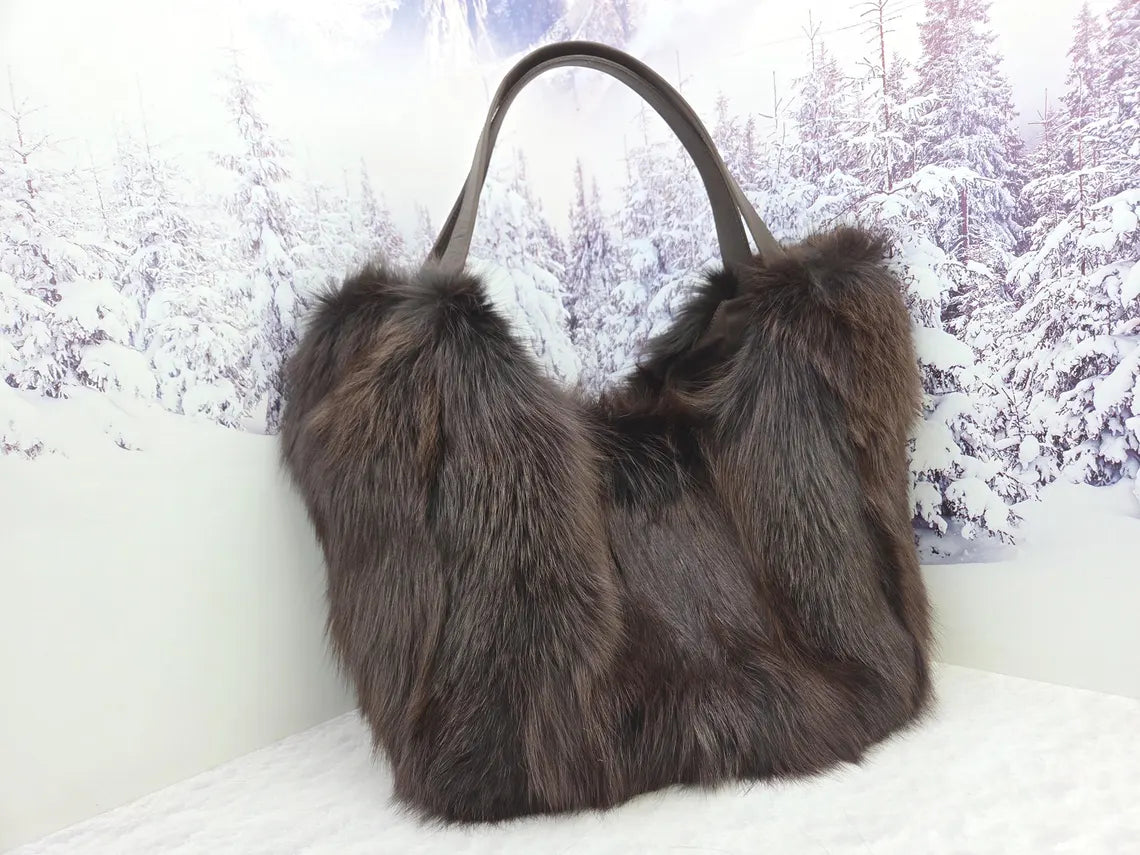 Real red fox fur shopping bag Women genuine fur purse